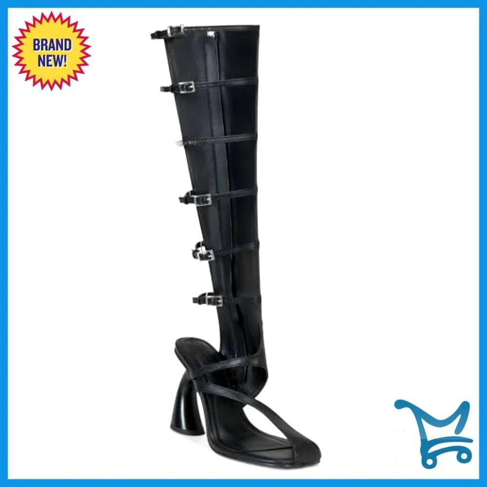 Women's Over The Knee Boots Square Toe Buckle Straps Side Zipper Faux Leather